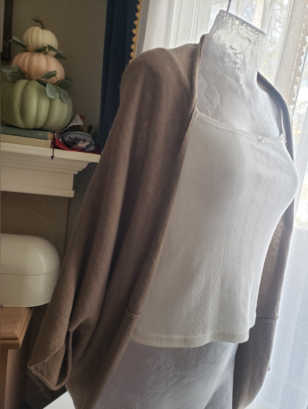 Cashmere Wool Blend Taupe Open-Front Women's Cardigan - Relaxed Draped Fit